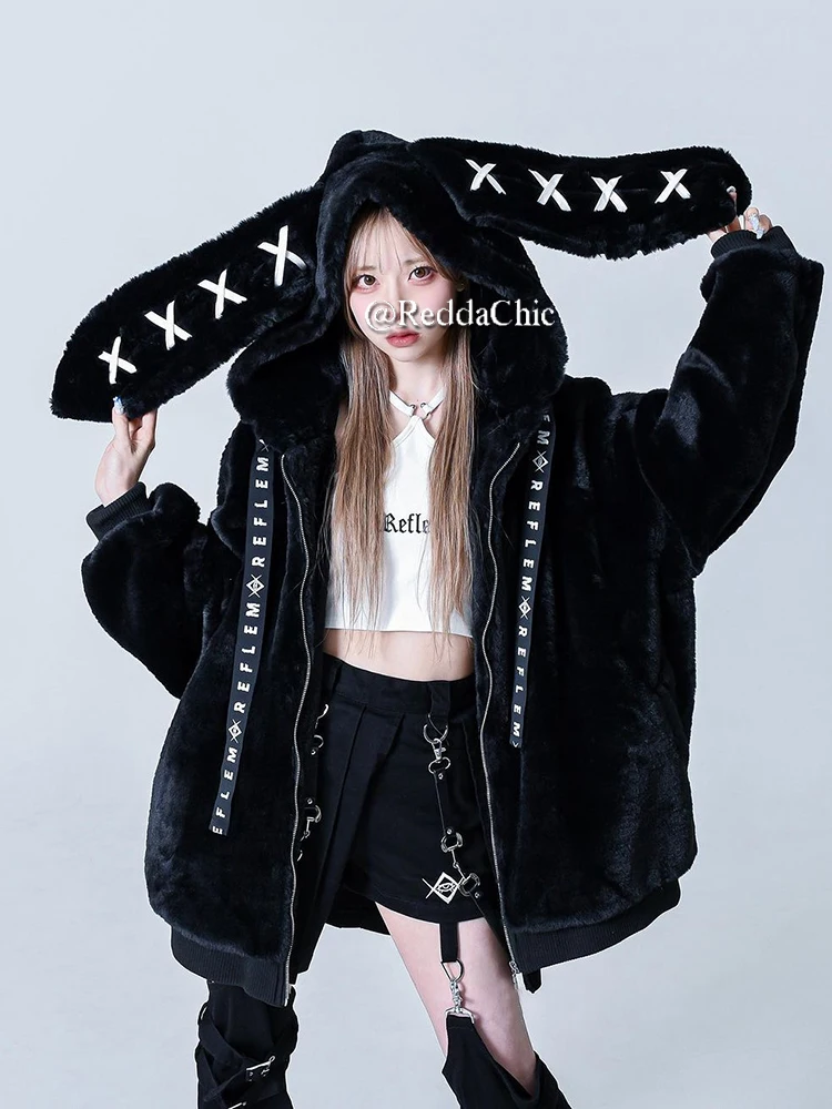 REDDACHiC Rabbit Ear Hooded Plush Coat Women Black Long Sleeve Zip Up Faux Fur Thick Warm Oversize Jacket Lolita Winter Clothes