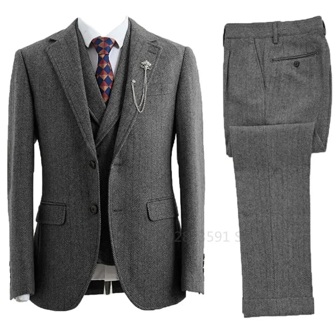 3 Piece Men Suit Tweed Herringbone Double-Breasted Wedding Tuxedos Size Men Clothing Casual Style Men's Fashion Costume Homme