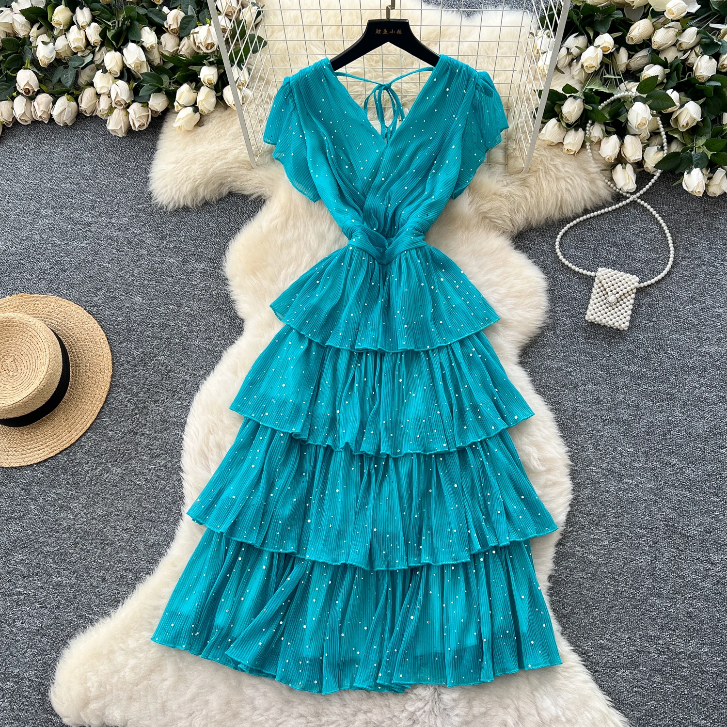 

Chic vintage Spliced glitter Criss-Cross Elegant Fairy korean fashion Boho Sundress women clothing dress