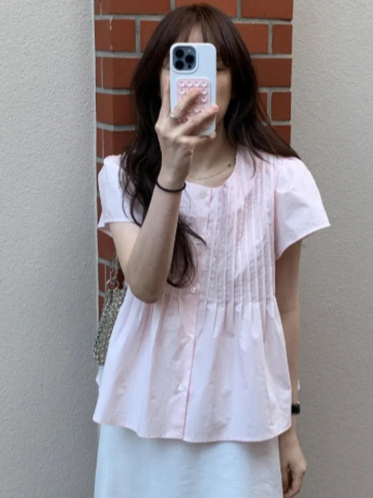 Slimming Short Sleeve Shirt Women's Fashionable Design Bubble Sleeve Waist-Cinching Chic Top for Commuting Street Style And T...