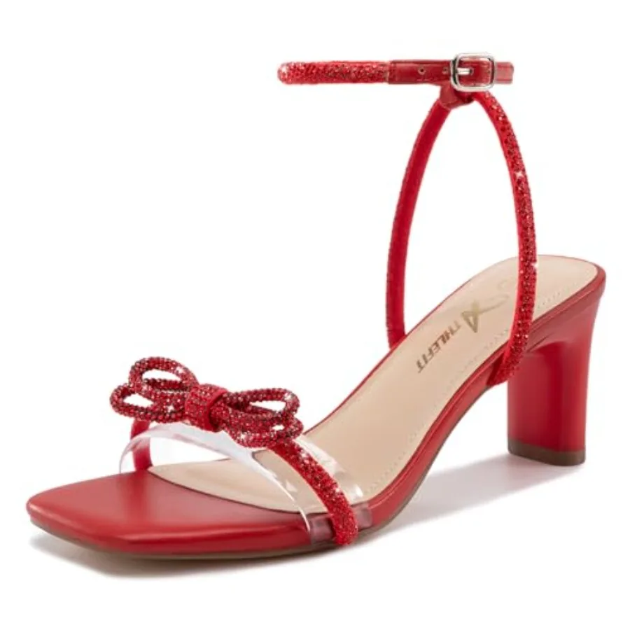 

Women's Rhinestone Bow Heels Clear Open Square Toe Block Heels Buckle Heeled Sandals for Party Wedding