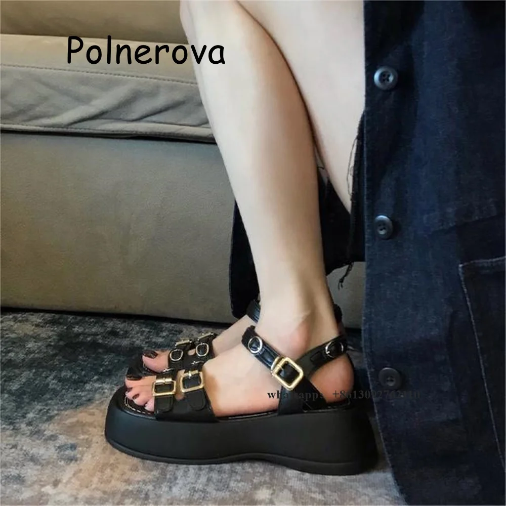 

Black Sandals Platform Height Increasing Women's Shoes Metal Buckle Front Rear Strap One Word Belt Summer Casual Ladies Sandals