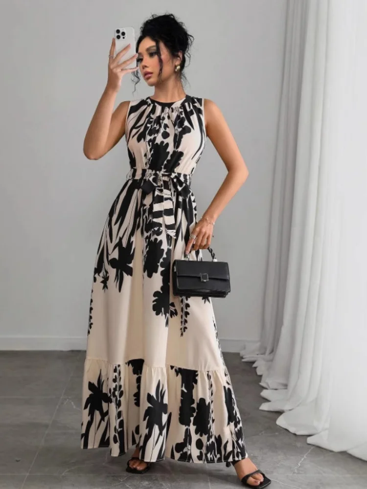 ثلاثة الأخوات الصيف موضة جديدة حفلة عيد ميلاد ملابس امرأة أنيقة بلا أكمام الخامس الرقبة طباعة عالية الخصر فستان بالجملة 2025 #1