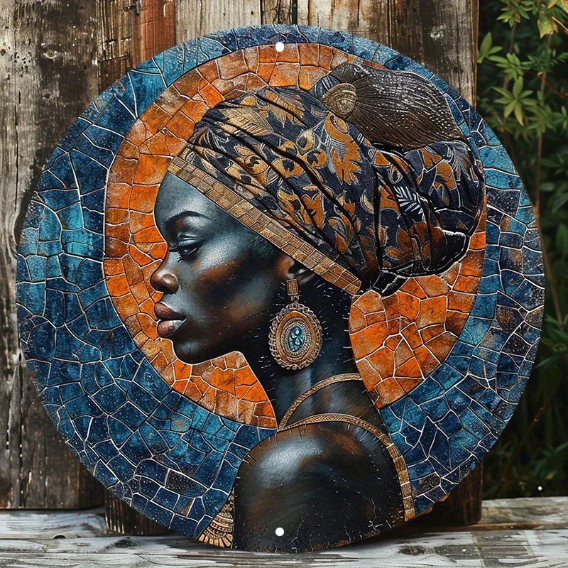 

Round African Woman & Mosaic Design Aluminum Metal Sign, Waterproof and Weather Resistant, HD Print Door Hanger, Wall Decor