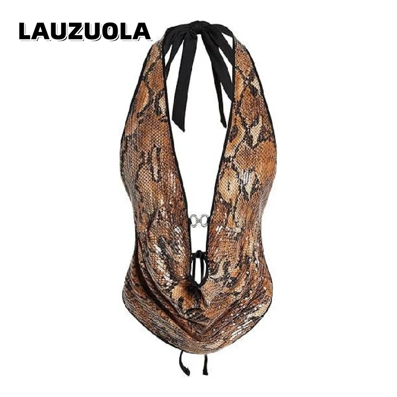 Women Sequin Snake Print Halter Top Deep V Neck Open Back Lace-up Sleeveless Slim Fit Party Clubwear Camisole Tops