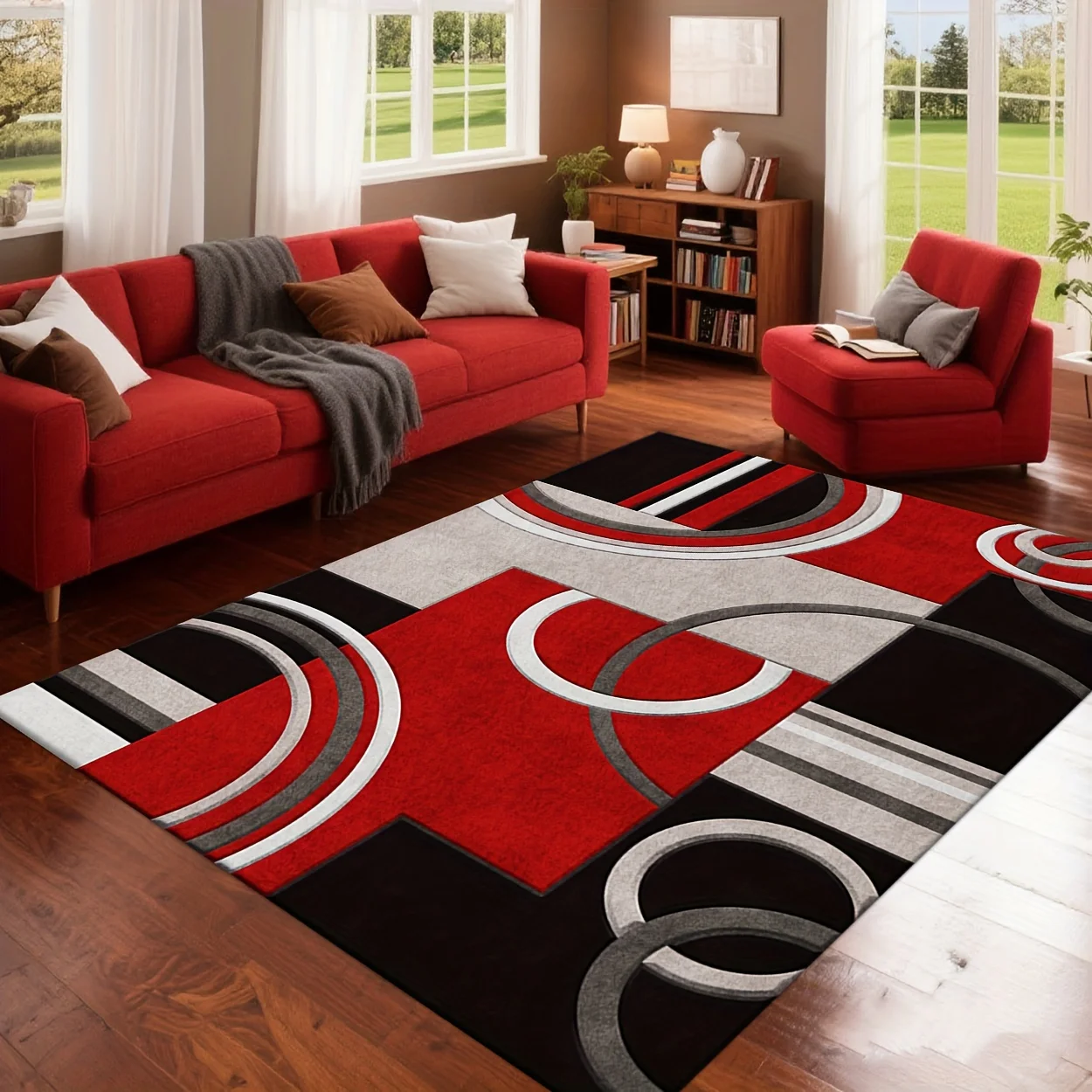 Vibrant Color Block Area Rug Striking Red Tone Floor Covering For Modern Interior Styling Shelf Accent Present