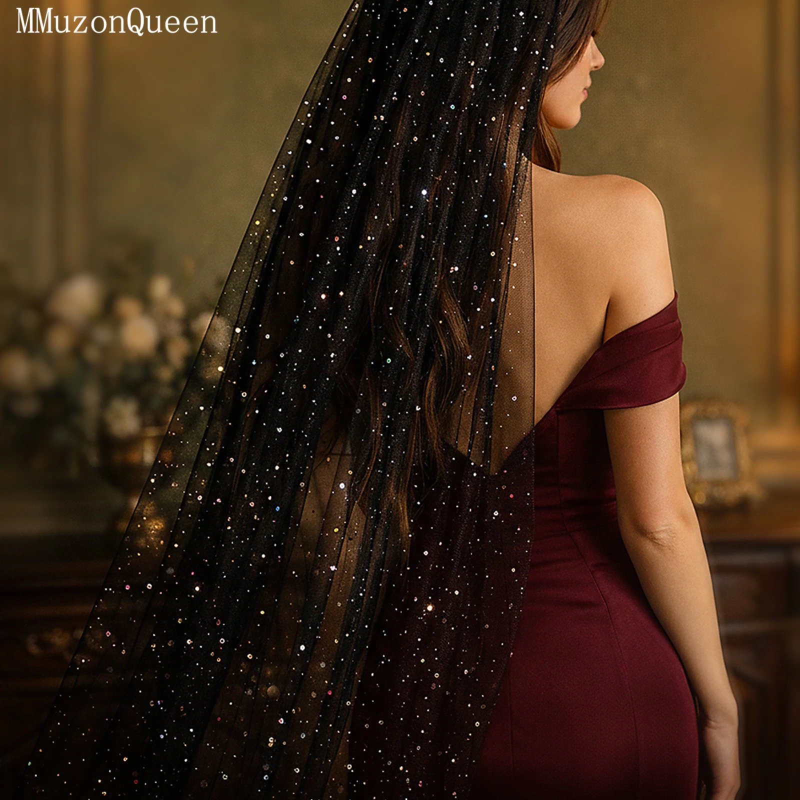 

Свадебная фата TOPQUEEN с блестками в виде звезд и луны, черная, короткая, до кончиков пальцев, аксессуар для Хэллоуина V209A