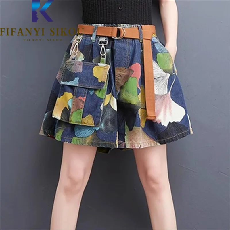 Flowers Print Denim Shorts Women Big Pocket Fashion Belt Loose Elastic Waist Wide Leg Shorts 2023 Summer Jeans Shorts Female