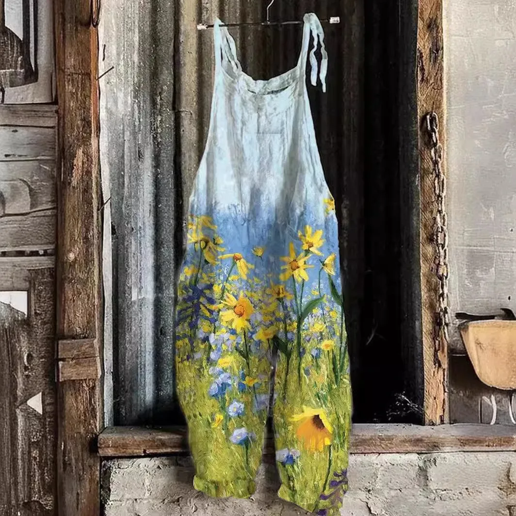 Damen-Jumpsuit mit Blumenmuster, Weitem Bein und Bindebändern an den Schultern, Mittelhoher Taille in Pastellblau und Weiß