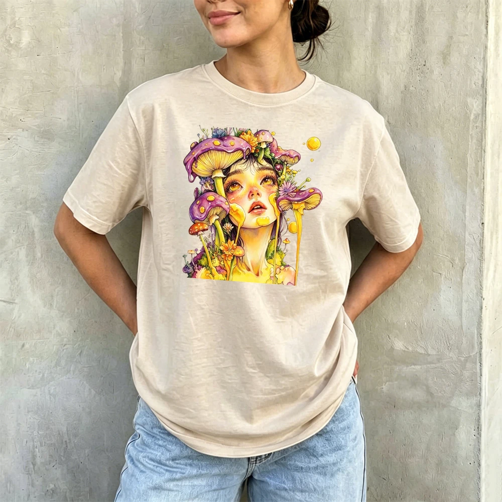 Purple Mushroom Floral Fantasy Girl Watercolor Women Summer Cotton T Shirt Mystical Surreal Art Soft Aesthetic Daily Top