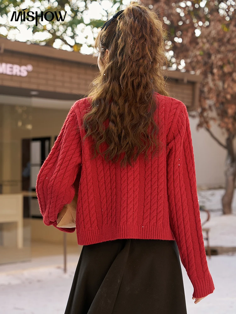 MISHOW Retro Red Knitted Twist Sweater Women Thick Lapel Cardigan Jacket Ladies College Style Jumpers Soft Top Female MXC56Z0438