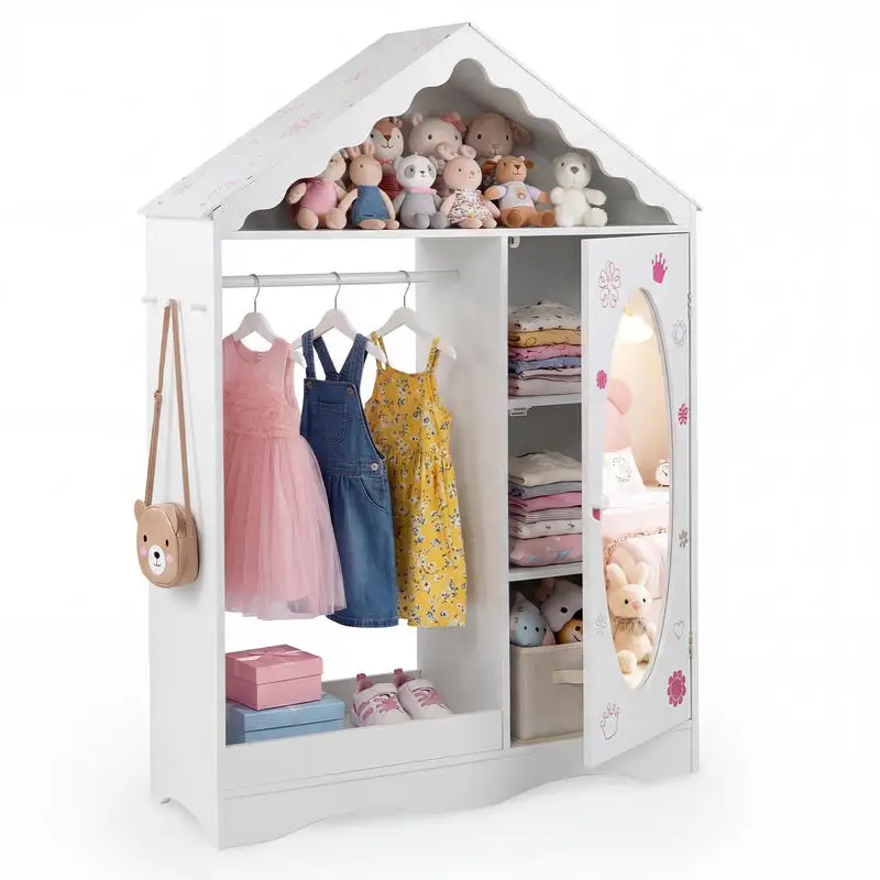 

Kids Dress Up Storage with Mirror Roofed Wardrobe Closet with Open Hanging Rack-White