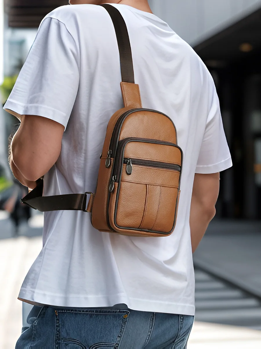 

Genuine Leather Men's Chest Bag Large Capacity Business Male Casual Shoulder Bag Crossbody Bag Multifunctional Sling Bag Man