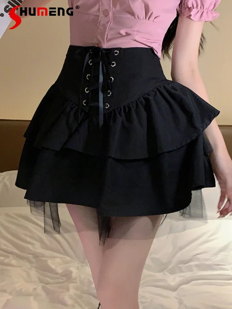 Preppy Style Sweet Lace-up Short Black Skirt 2023 Summer New Japanese JK Uniform Women's Short Puff Sleeve Shirt Two-Piece Set