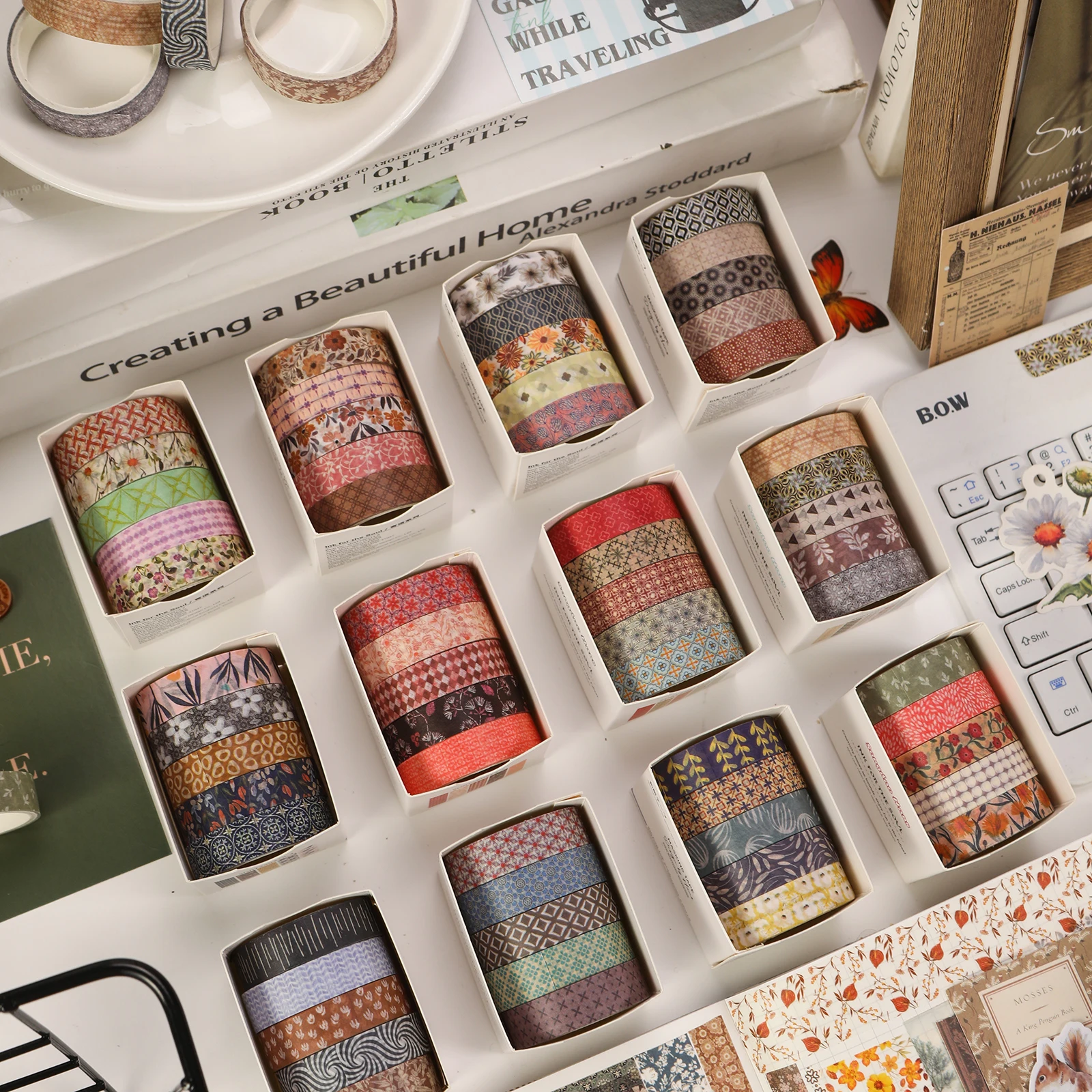 

5Rolls/set Flowers/Striped/Grid Washi Tape Diary Decoration Adhesive Stickers Scrapbooking Supplies