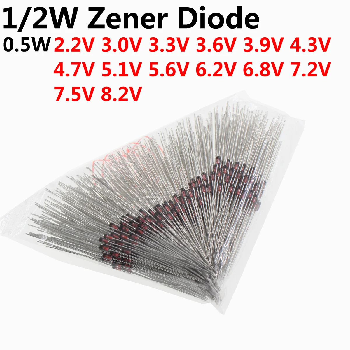 500pcs 1/2W Zener Diode 0.5W DO-35 2.2V 3V 3.3V 3.6V 3.9V 4.3V 4.7V 5.1V 5.6V 6.2V 6.8V 7.2V 7.5V 8.2V