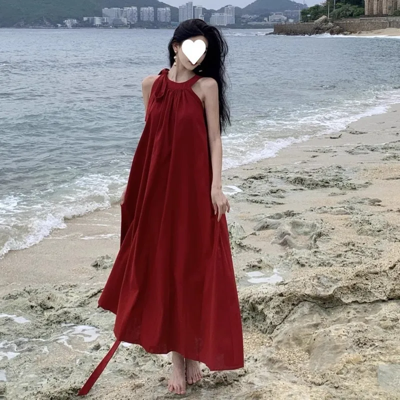 夏休みスタイル レッド オフショルダー ノースリーブ レディース ワンピース ビーチ雰囲気 ロングスカート ストリートスタイル Aラインシルエット