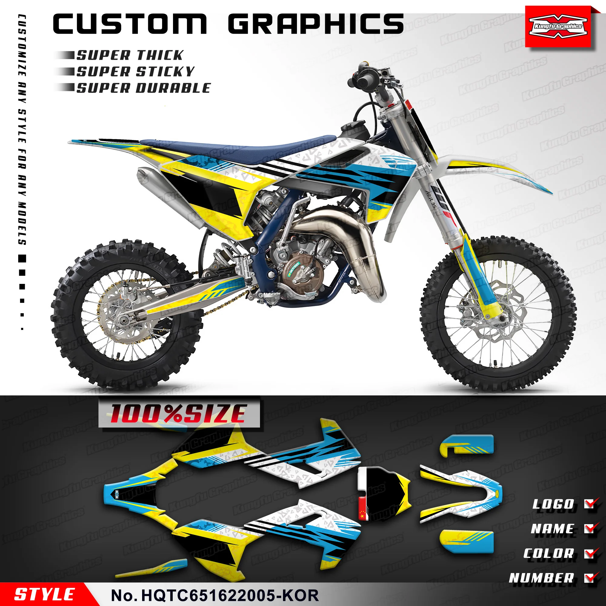 KUNGFU GRAPHICS Motocross Stickers MX Racing Decals Kit for Husqvarna TC65 TC 65 2016-2023, HQTC651622005-KOR