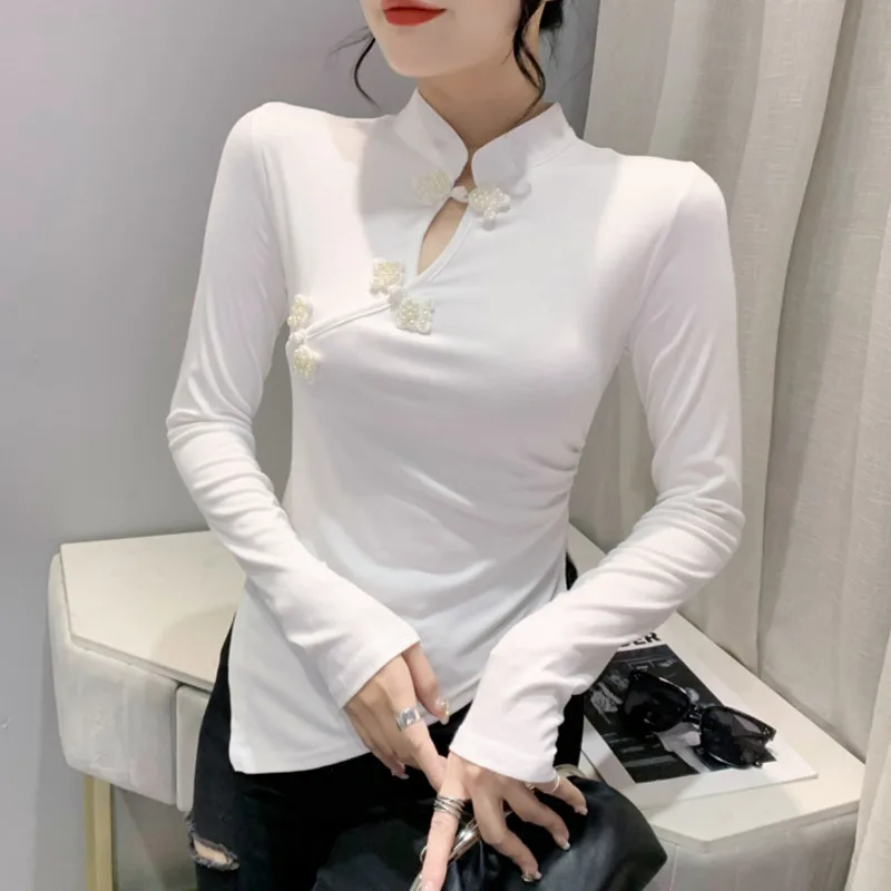 #8093 Black White Irregular T Shirt Women Buttons Vintage Hollow Out Stand Collar Chinese Style Short Tight T Shirt Long Sleeve