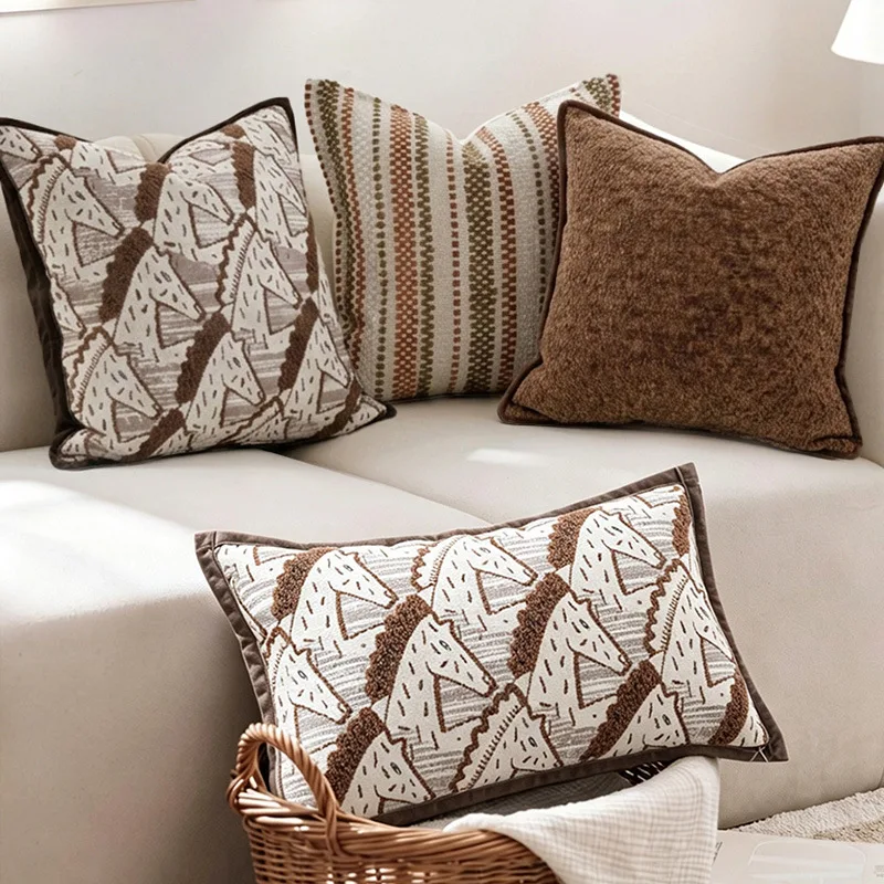 Modern Brown Striped Texture Cushion Cover Premium Soft Chenille Pillow Case for Living Room Sofa Home Decor