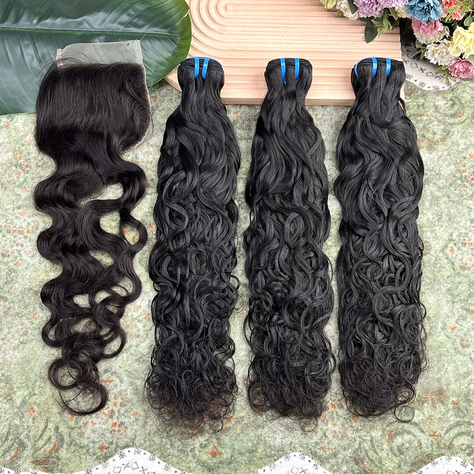 18A Natural Wave Human Hair Bundles With 4x4 Transparent Lace Closure #1B Natural Color Virgin Hair Weave Extensions Bundle Deal