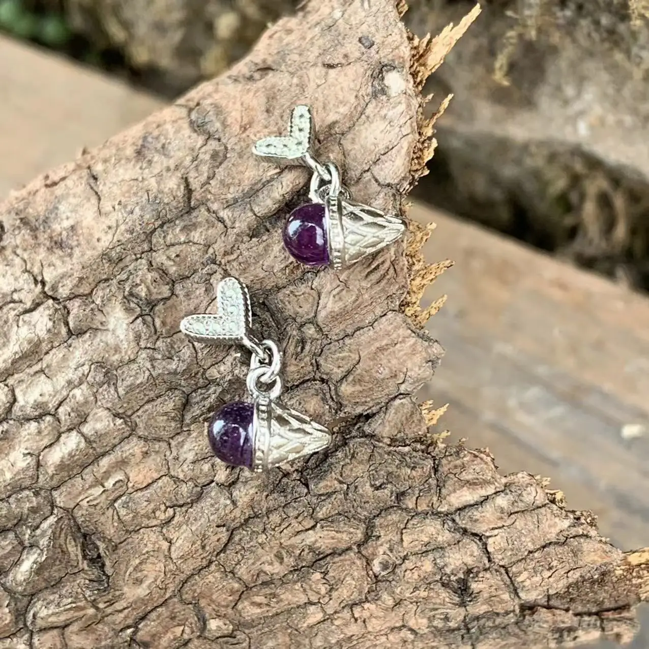 Natural amethyst Stud Earrings For Women Ice cream Real 925 Sterling Silver Vintage Femme Gift Prevent Allergy Fine Jewelry