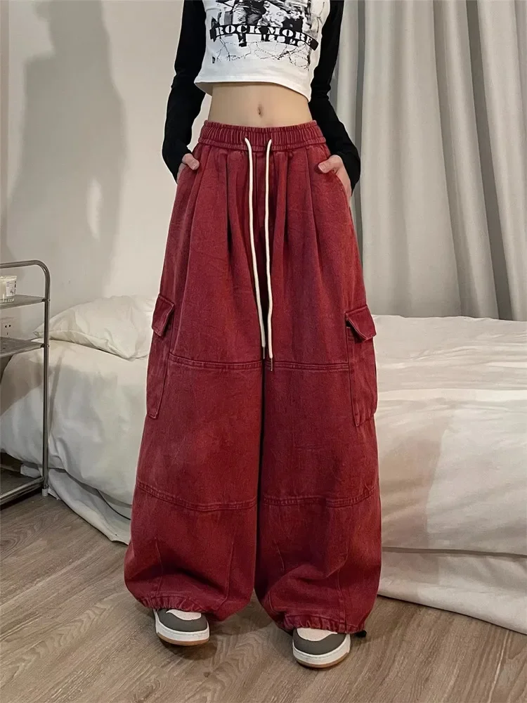 2024 Korean Y2K Fashion Drawstring Casual Baggy Cargo Jeans Pants Women Clothing Straight Wide Leg Sweatpants Female Trousers