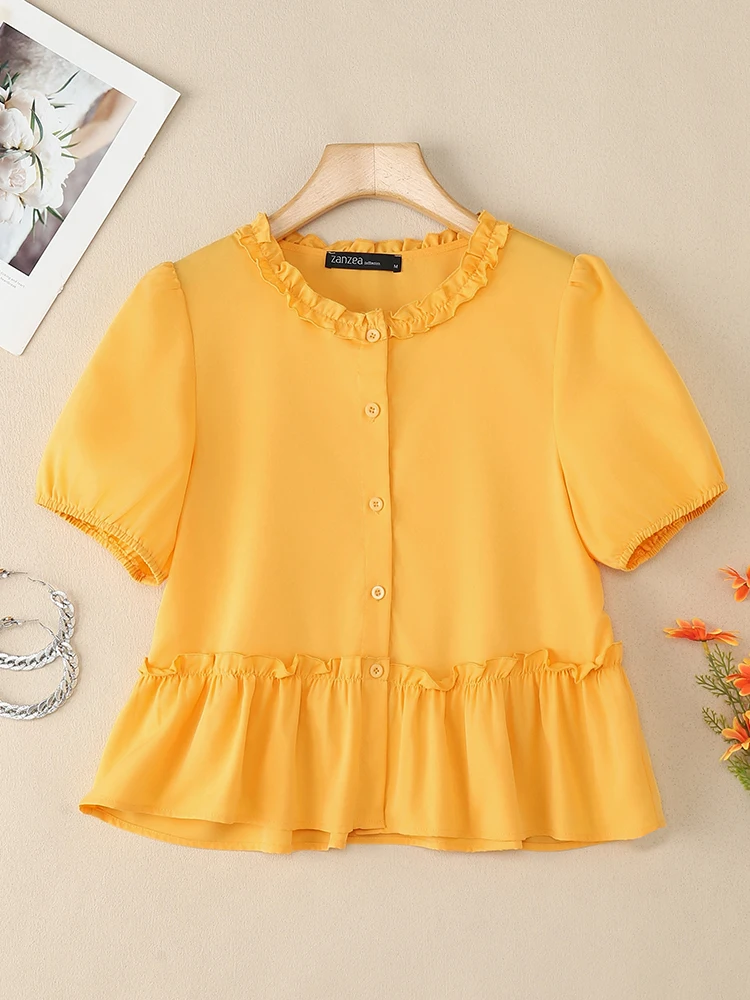 ZANZEA Elegant Ruffled Work Shirt 2025 Summer Blouse Women Short Sleeve Buttons Tops Casual Solid Holiday Shirts Mujer Oversize