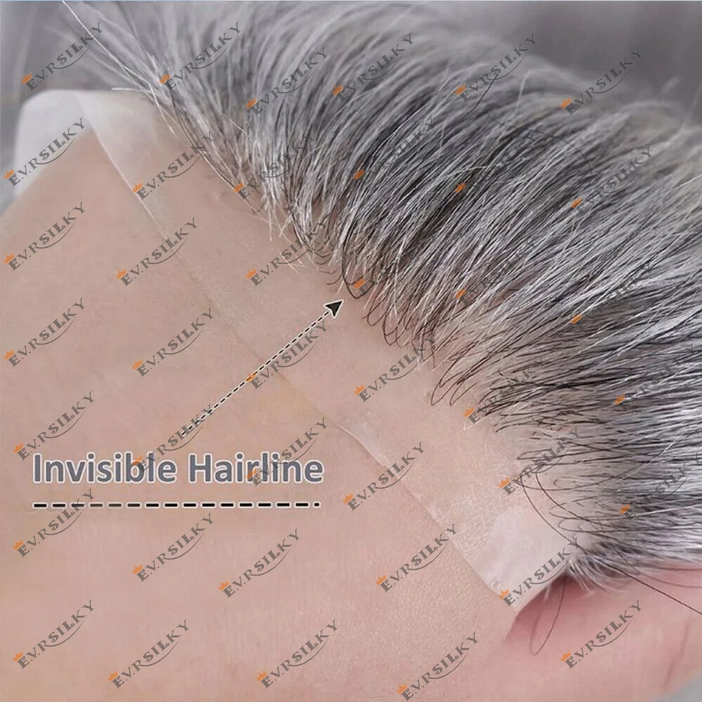 

Men's Full Skin Thin Base Natural Hairline Toupee 0.06mm-0.08mm Vlooped 1B50 1B65 Grey Human Hair Replacement System Male Wigs