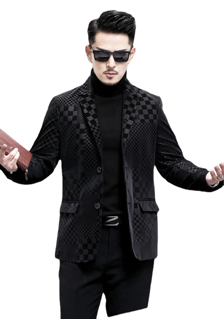 

New Natural Genuine Men's Genuine Leather Clothes Sheepskin Printed Suit Jacket Slim Fit Short Suit Spring and Autumn Business
