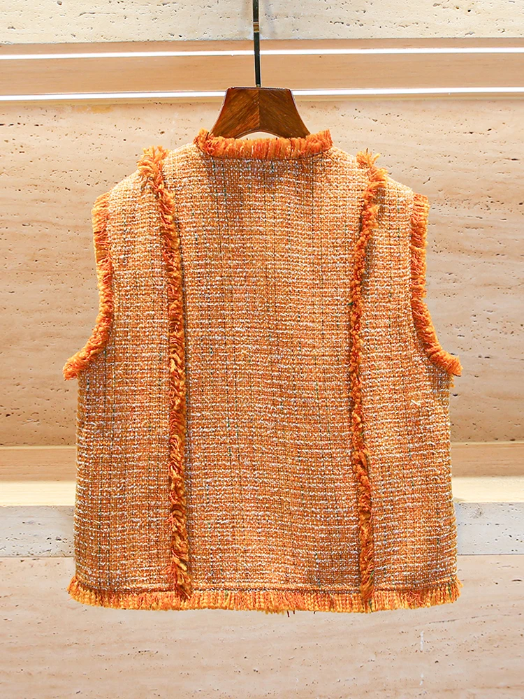 高級感のある秋のデザイン、タッセル付きラフツイードベストまたはアウターウェア、女性用通勤服、ポリエステル繊維スプライシング加工