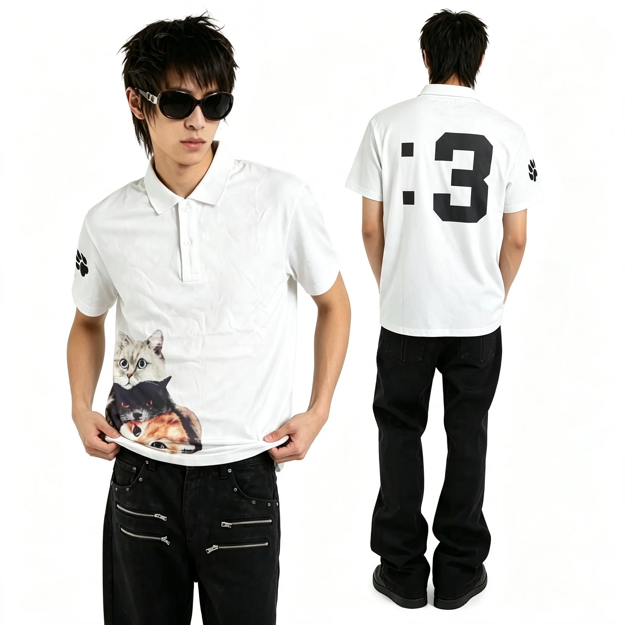 Cat Neutral White Casual Top Y2K Fashion Oversized Cat Paw Embroidery Pattern Lapel Shirt with Retro Print Cute
