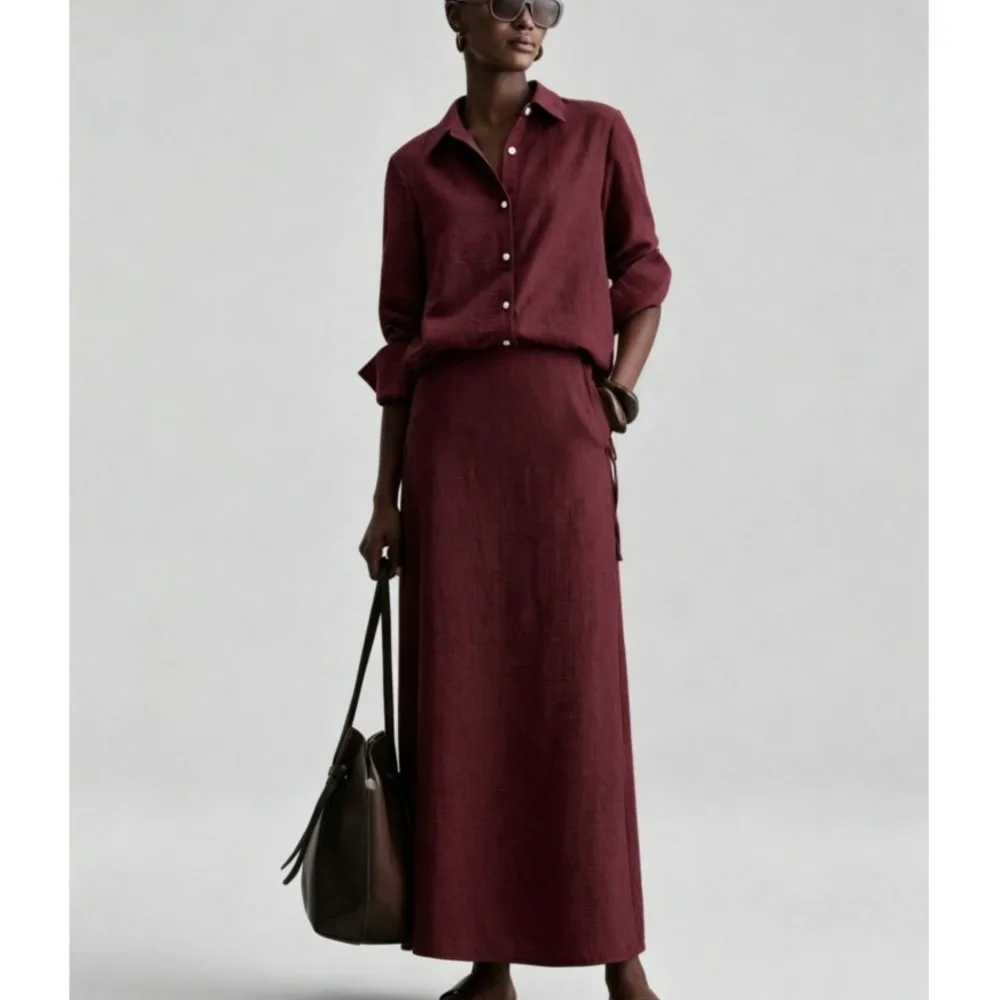 Autumn New Solid Color Shirt Long Sleeve + Skirt 2-piece For Women's Retro Casual Loose Straight Long Skirt Set Female 2026