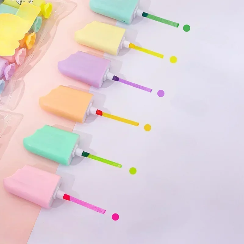 

6 Pcs/Lot Cute Cartoon Highlighters School Office Stationery Students Drawing Supplies Kawaii Ice Cream Mini Paint Marker Pen