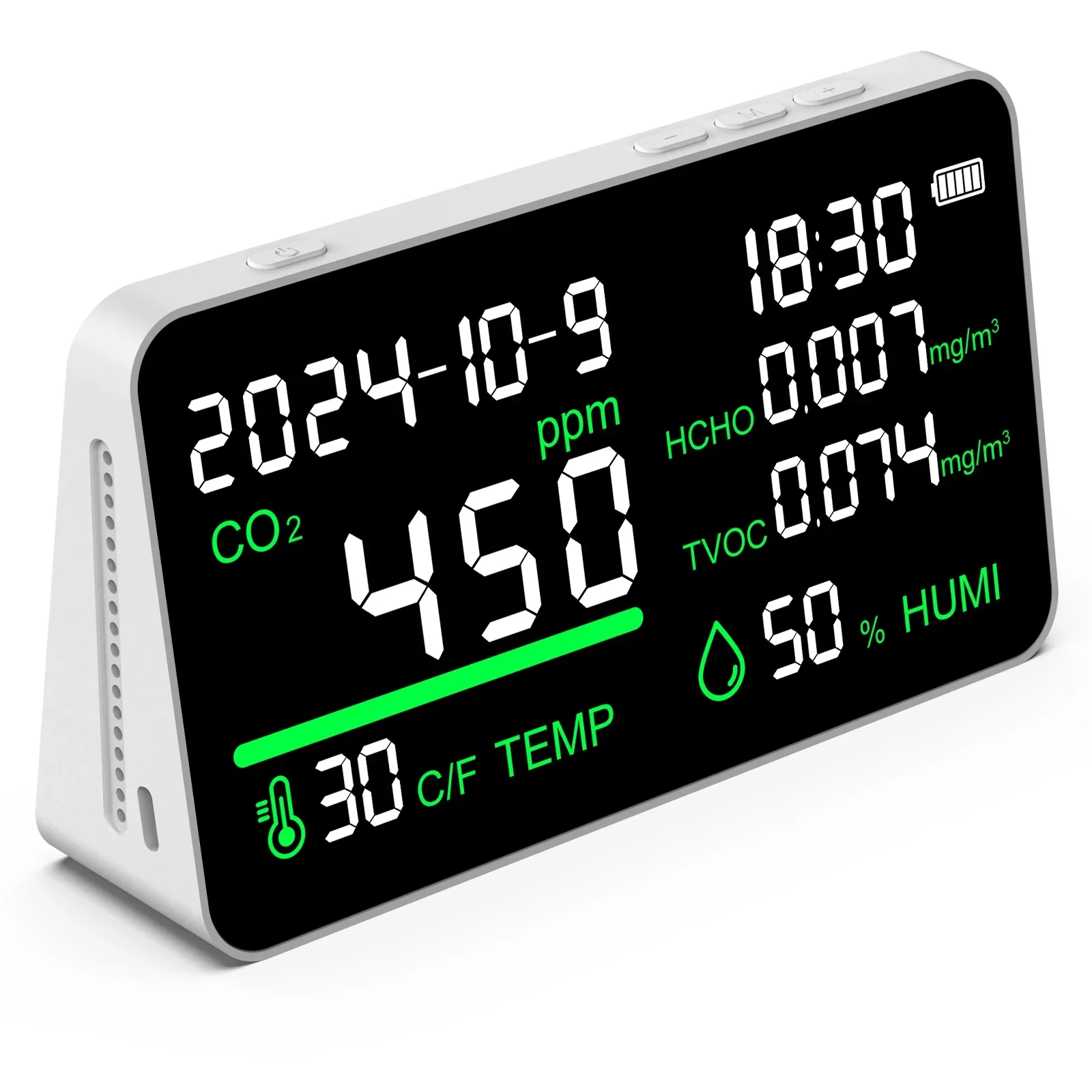 

7 In 1 Air Quality Meter Carbon Dioxide HCHO TVOC Date Time Temperature Humidity Detector 2000mAh Battery Capacity Measurement