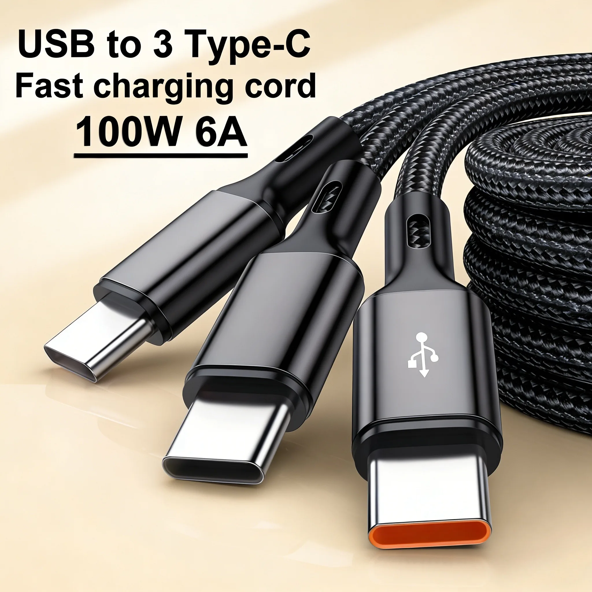 100W 6A USB To 3 Type C Data Cable Fast Charging Mobile Phone Charger Cord For Samsung Huawei Xiaomi Honor USB Quick Charge Wire