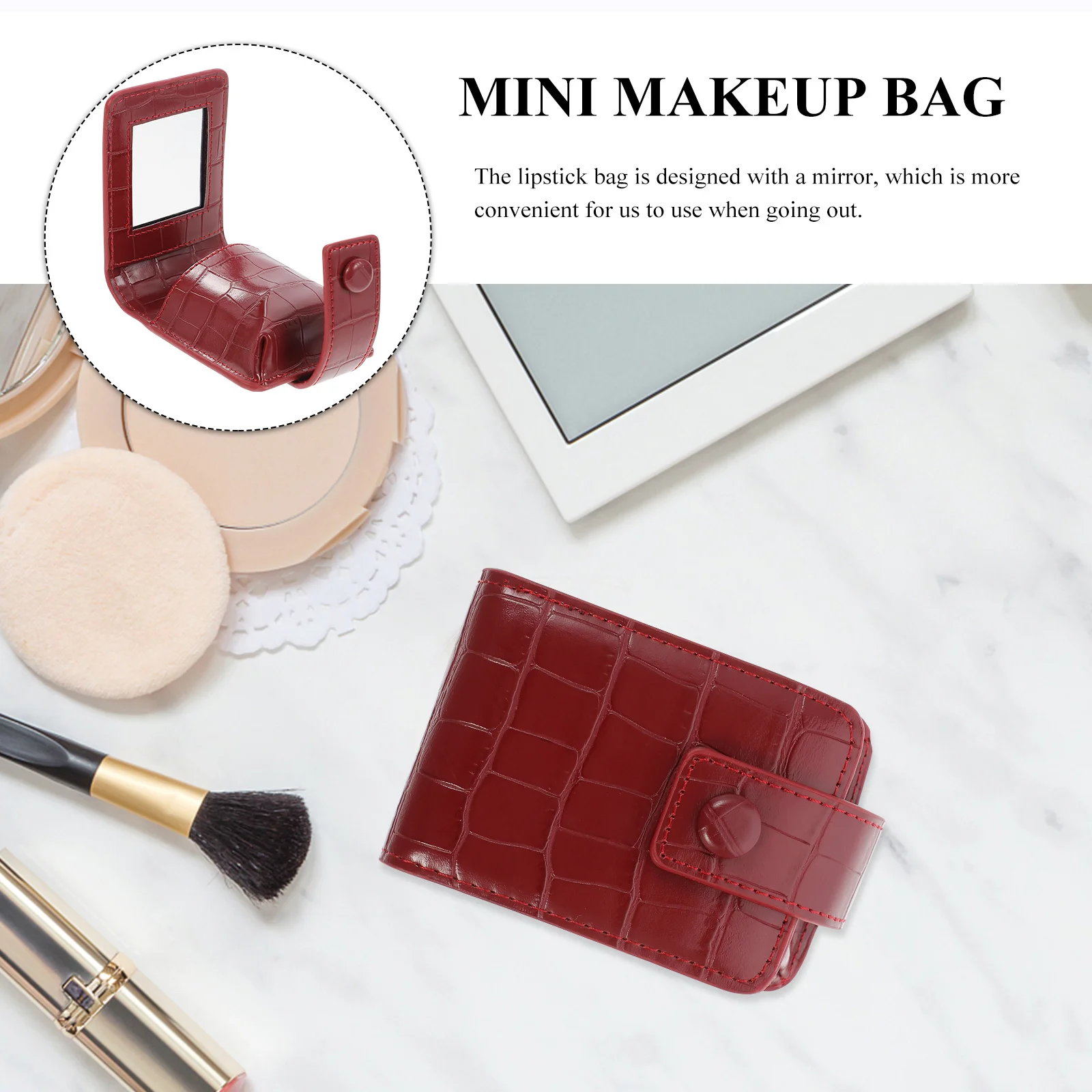 Lippenstifttasche, rote PU-Tasche, tragbarer Make-up-Organizer mit Spiegel, PU-Lippenstift-Tasche