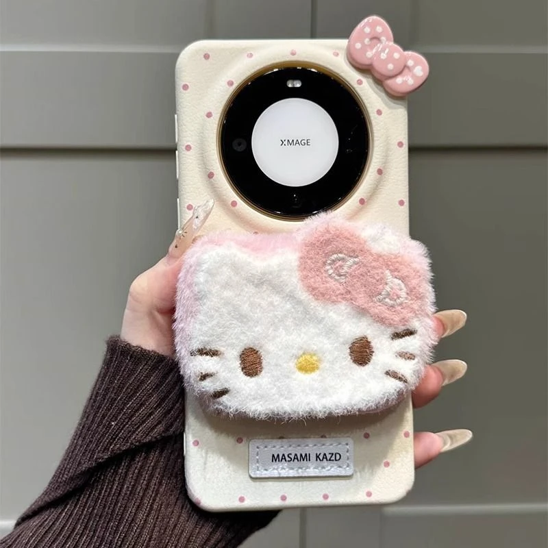 Cute Hello Kitty Plush Wave point bow Kawaii Phone Case For Iphone 16 15 14 13 Promax Y2k Sweet Girl Phone Protective Cover