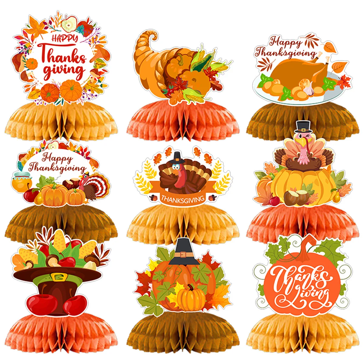 Happy Thanksgiving Day Ornaments Honeycomb Ball, Pumpkin Maple Turkey Modelling Honeycomb Ornaments Honeycomb Ball Crafts,9pcs