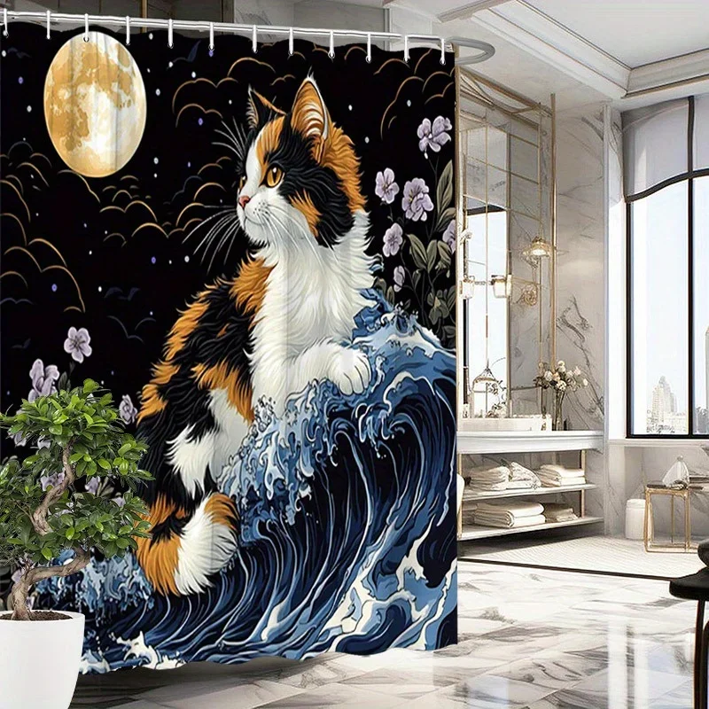 

Занавеска для душа Calico Cat by the Moonlit Sea — водостойкая, легко чистится, добавляет волшебную и спокойствие прикосновение к вашей ванной комнату