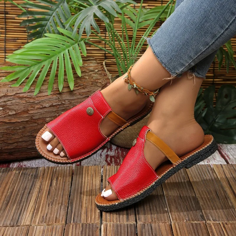 وصل حديثًا لصيف 2025 شباشب غير رسمية ذات لون سادة مفتوحة من الأمام مريحة مانعة للانزلاق صنادل نسائية بكعب منخفض Жеanskaya Оbuvai #6