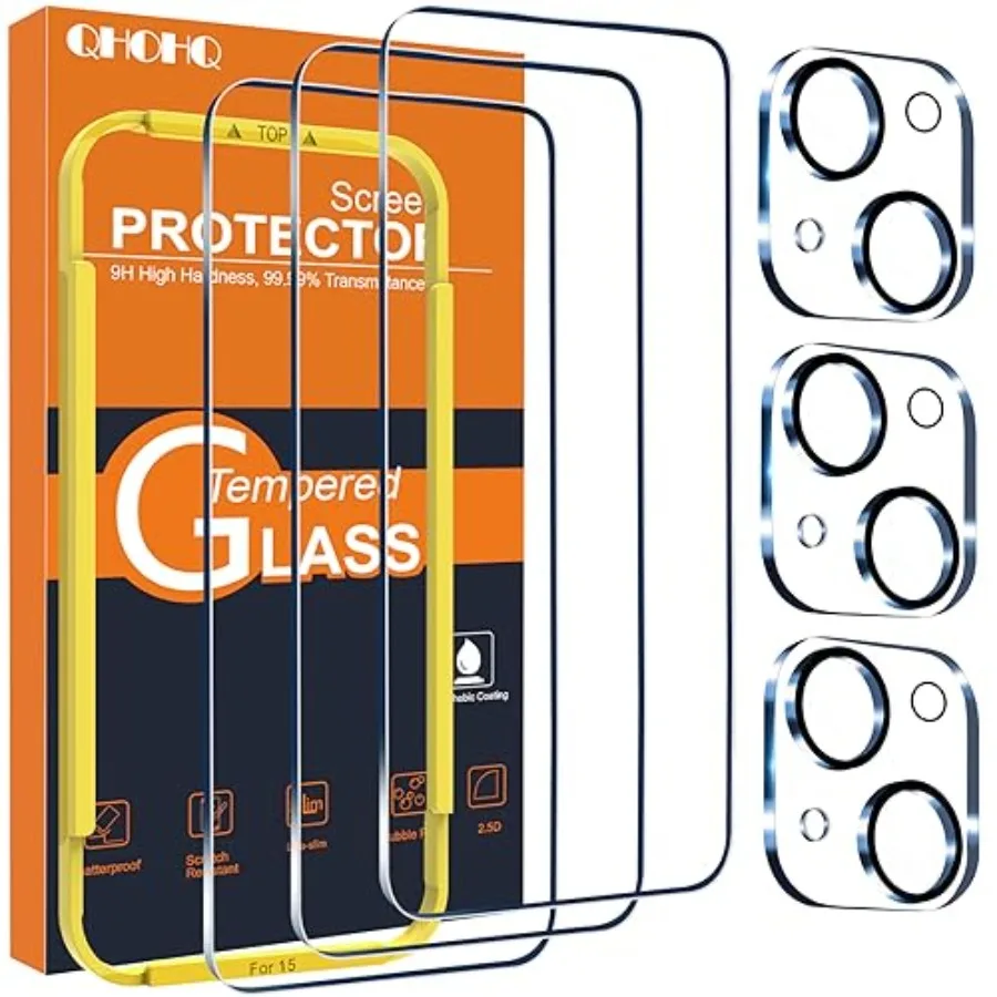

3 Pack Screen Protector for iPhone 15 [6.1 Inch] with 3 Pack Camera Lens Protector, Tempered Glass Film, HD Clear, 9H Hardness,
