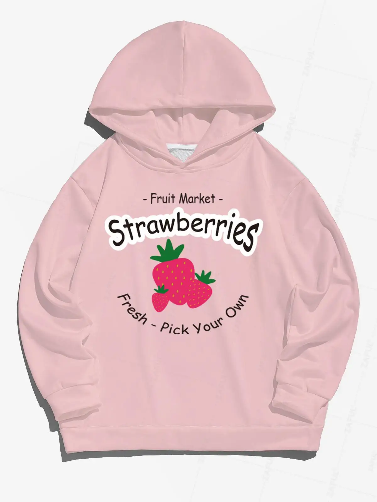 ZAFUL Pullover wanita pola stroberi huruf, Hoodie Pullover lengan panjang bercetak kasual Daiy