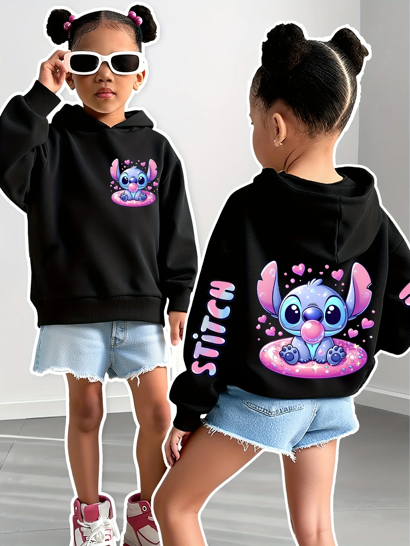 

Stitch Double-Sided Print Hoodie for Girls & Boys - Cozy Black Pullover with Pink Hearts & Stars Perfect for Fall/Winter Outdoor