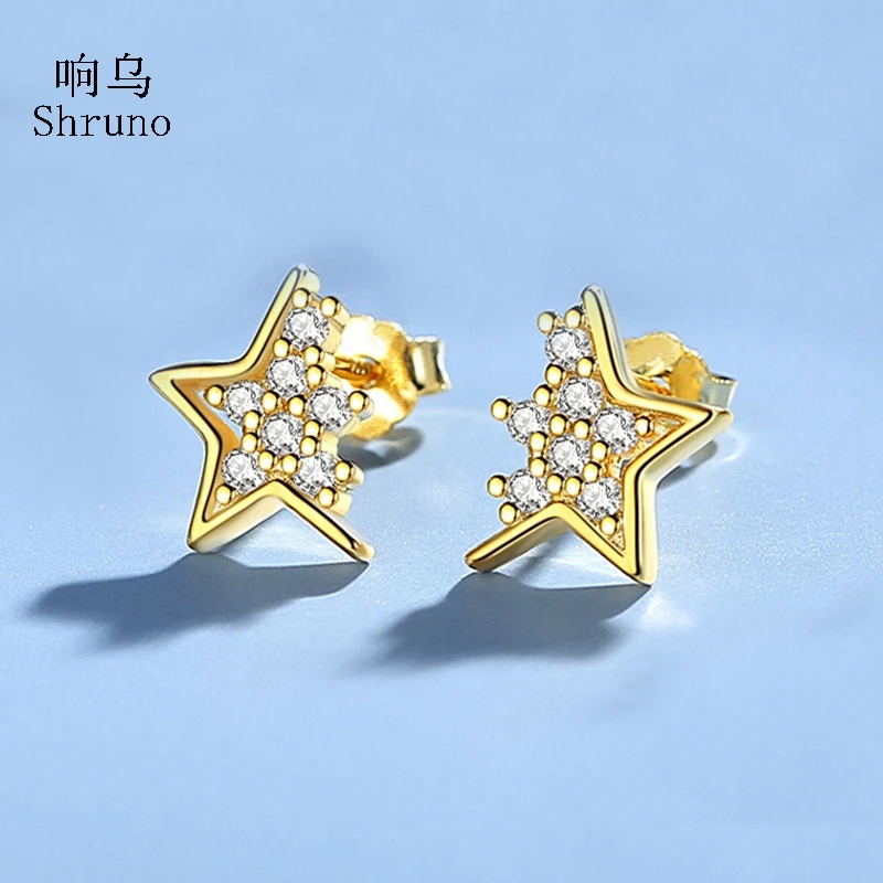 

Shruno Gold Earrings For Women 9K 375 Yellow Gold Sparkling Cubic Zirconia Stud Earrings Wedding Engagement Star Design Jewelry