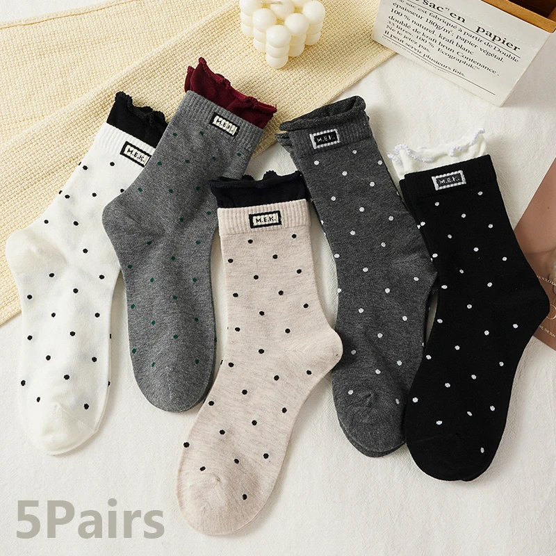 

5Pairs Dot Socks Women Cute Frilly Cotton Blends Socks for Girls Gift Cute Kawaii Ruffle Sox Fashion Middle Tube Sock