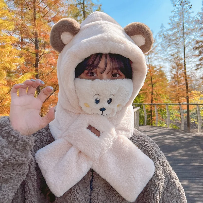 Cartoon Cute Bear Plush Thickened Hat Earmuffs Ladies Scarf Windproof Mask Students Autumn And Winter Warm Outdoor Cycling Scarf