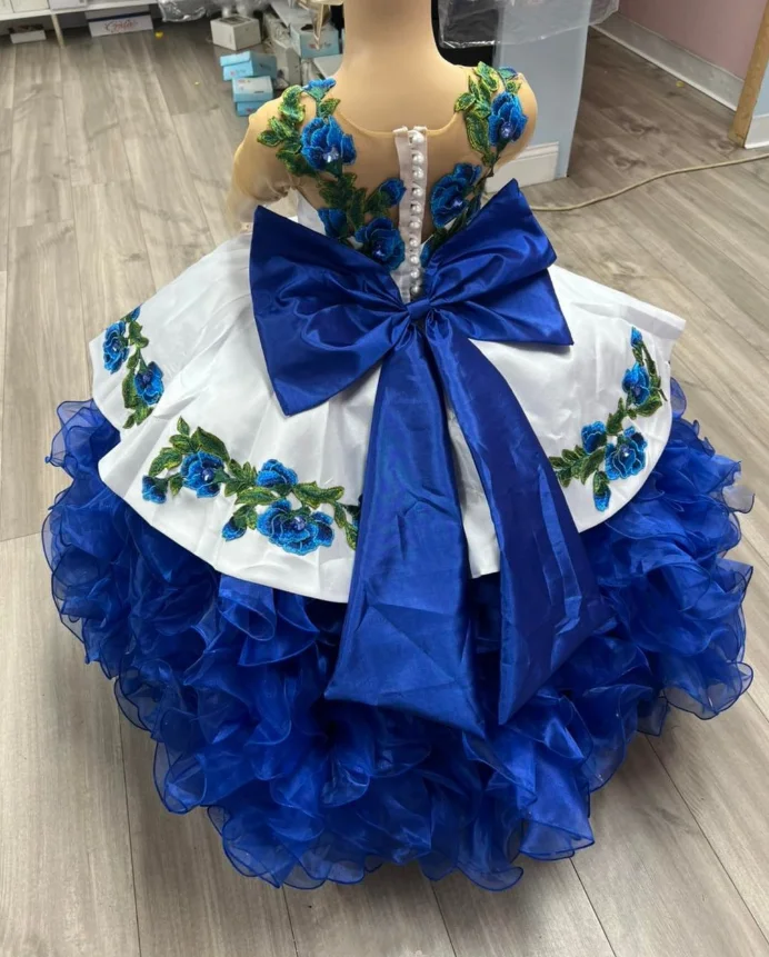 Customized  Luxury White Blue Mini Quinceanera Dresses Mexican Ball Gowns Tulle Appliques with Bows vestidos de novia