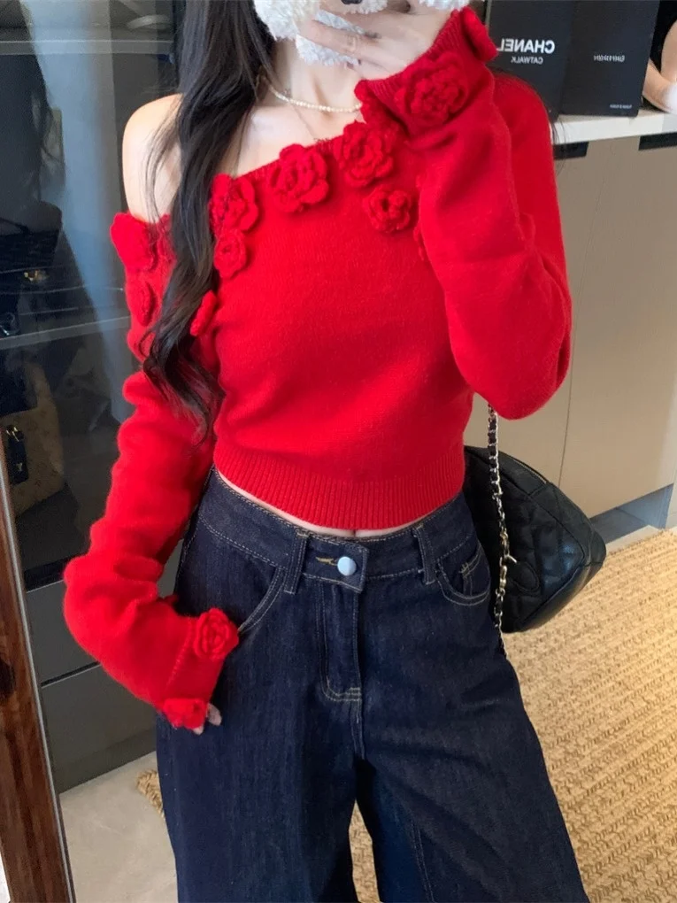 White 3D Flower Decorated Crew Ne ort Top Autumn Faion Commute Sle Loose Women's Long Sve Knitted Sweater