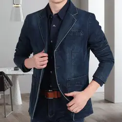 Blazer vaquero de talla grande para hombre, chaqueta de Color liso con cuello vuelto, botonadura única, bolsillos delgados, ropa de calle para otoño